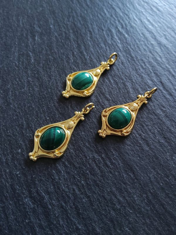 Elegant Gold Plated Drop Pendant with Malachite Cabochon 30x14.5x5.7mm - ContentedCatz