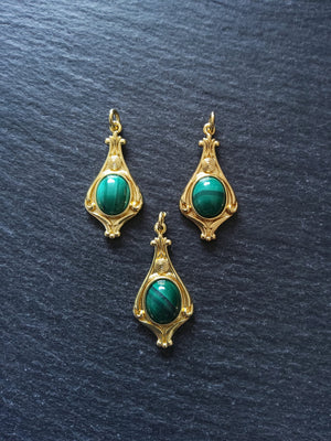 Elegant Gold Plated Drop Pendant with Malachite Cabochon 30x14.5x5.7mm - ContentedCatz