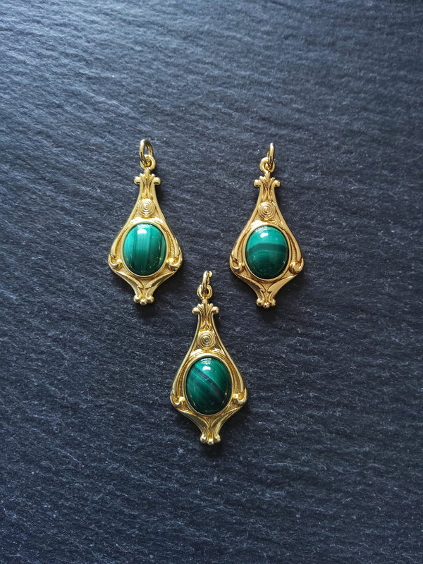 Elegant Gold Plated Drop Pendant with Malachite Cabochon 30x14.5x5.7mm - ContentedCatz