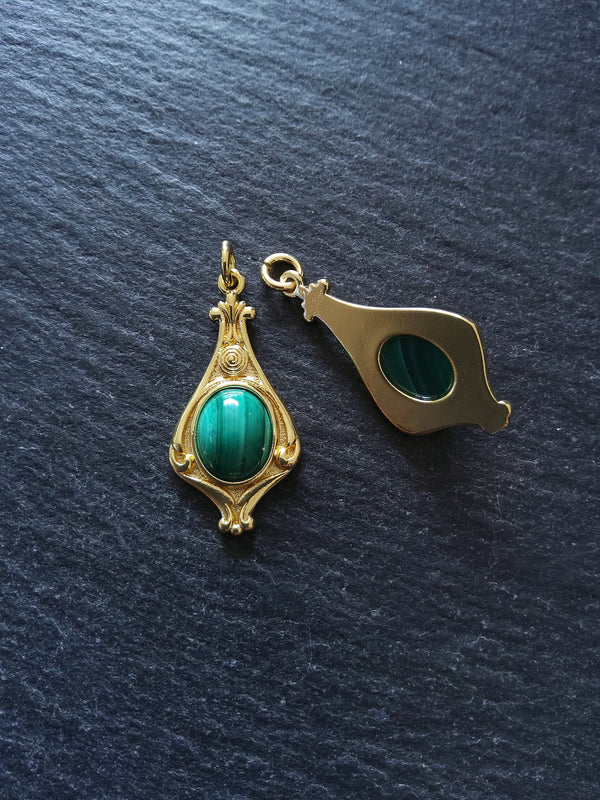 Elegant Gold Plated Drop Pendant with Malachite Cabochon 30x14.5x5.7mm - ContentedCatz