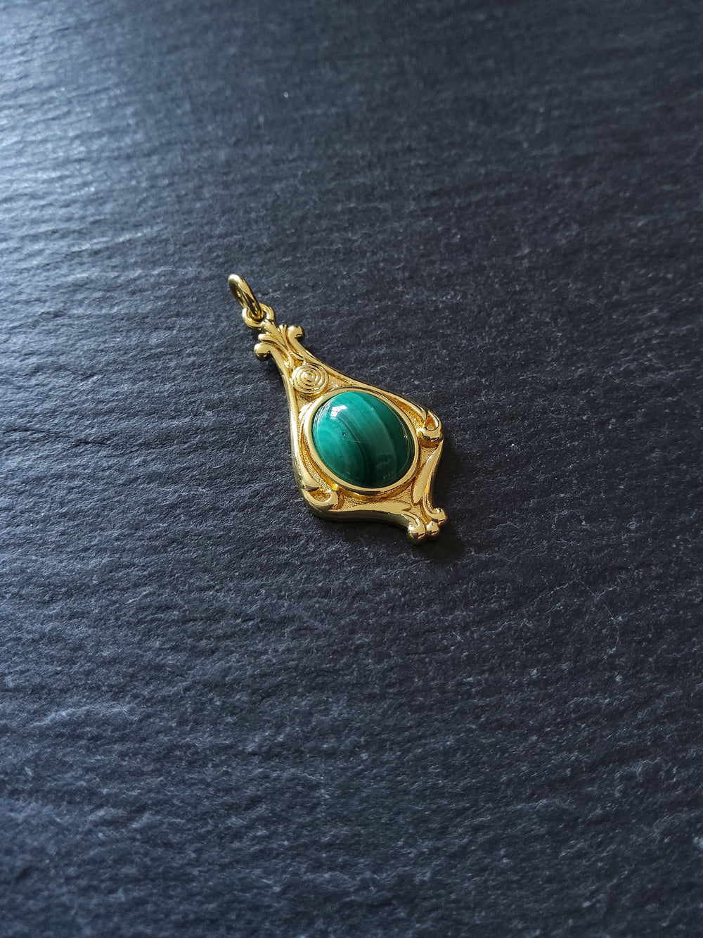 Elegant Gold Plated Drop Pendant with Malachite Cabochon 30x14.5x5.7mm - ContentedCatz