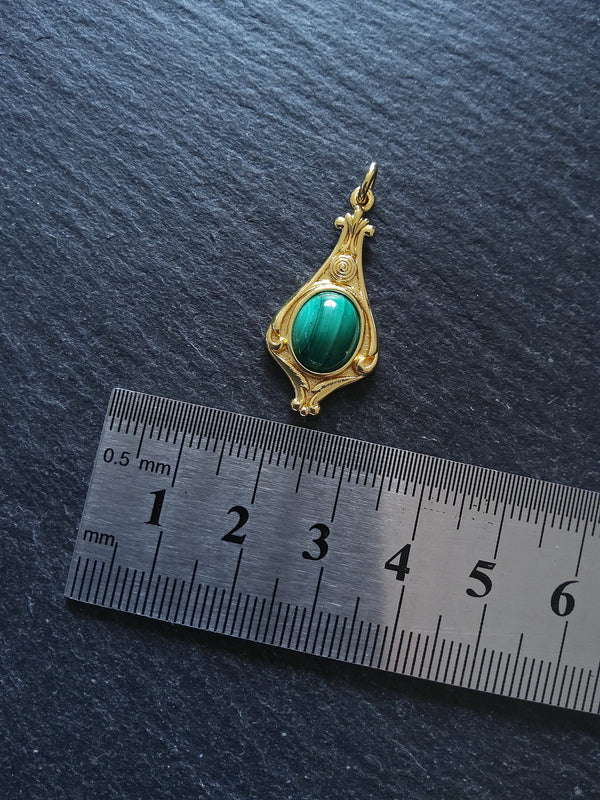 Elegant Gold Plated Drop Pendant with Malachite Cabochon 30x14.5x5.7mm - ContentedCatz