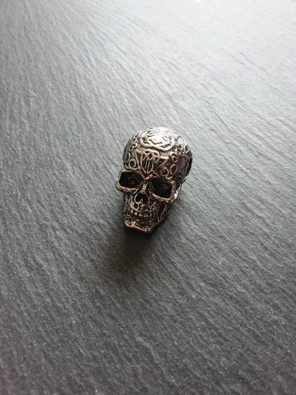 Patterned Skull Pendant Antique Silver Tone Metal Alloy 37x23mm Large 7.5mm Hole - ContentedCatz