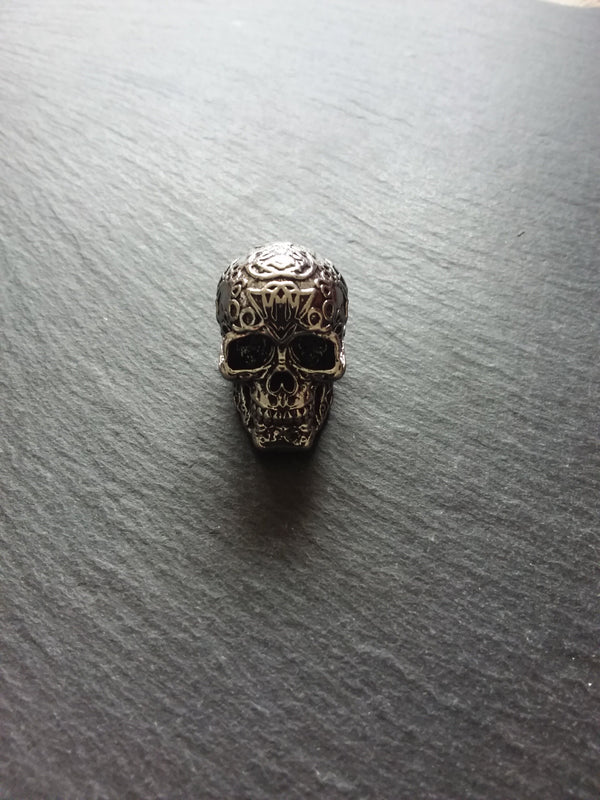 Patterned Skull Pendant Antique Silver Tone Metal Alloy 37x23mm Large 7.5mm Hole - ContentedCatz