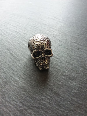 Patterned Skull Pendant Antique Silver Tone Metal Alloy 37x23mm Large 7.5mm Hole - ContentedCatz