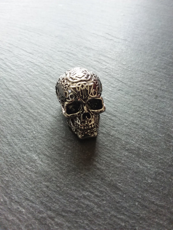 Patterned Skull Pendant Antique Silver Tone Metal Alloy 37x23mm Large 7.5mm Hole - ContentedCatz
