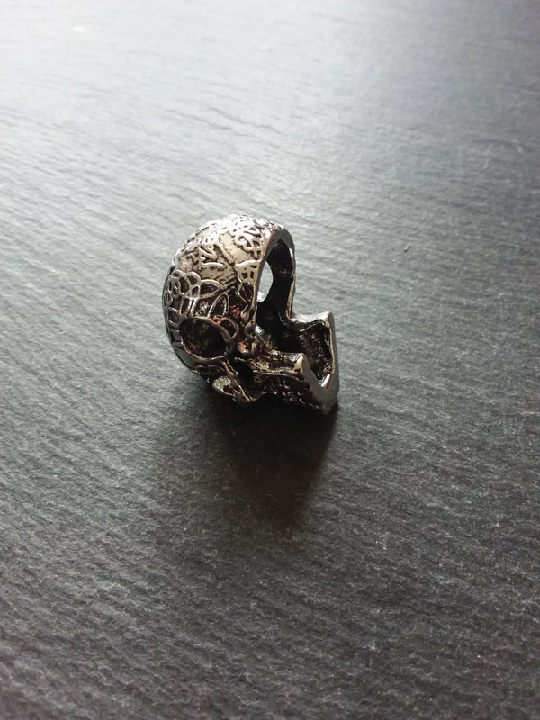 Patterned Skull Pendant Antique Silver Tone Metal Alloy 37x23mm Large 7.5mm Hole - ContentedCatz