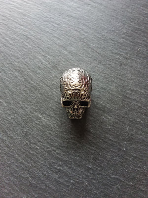 Patterned Skull Pendant Antique Silver Tone Metal Alloy 37x23mm Large 7.5mm Hole - ContentedCatz