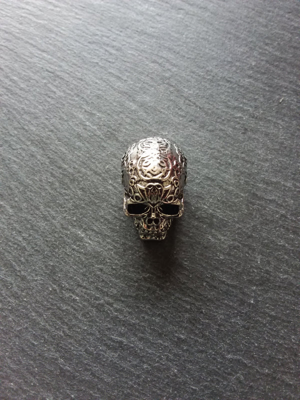 Patterned Skull Pendant Antique Silver Tone Metal Alloy 37x23mm Large 7.5mm Hole - ContentedCatz