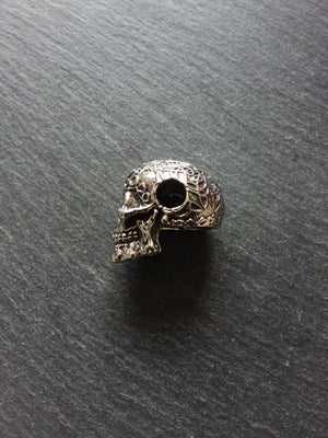 Patterned Skull Pendant Antique Silver Tone Metal Alloy 37x23mm Large 7.5mm Hole - ContentedCatz