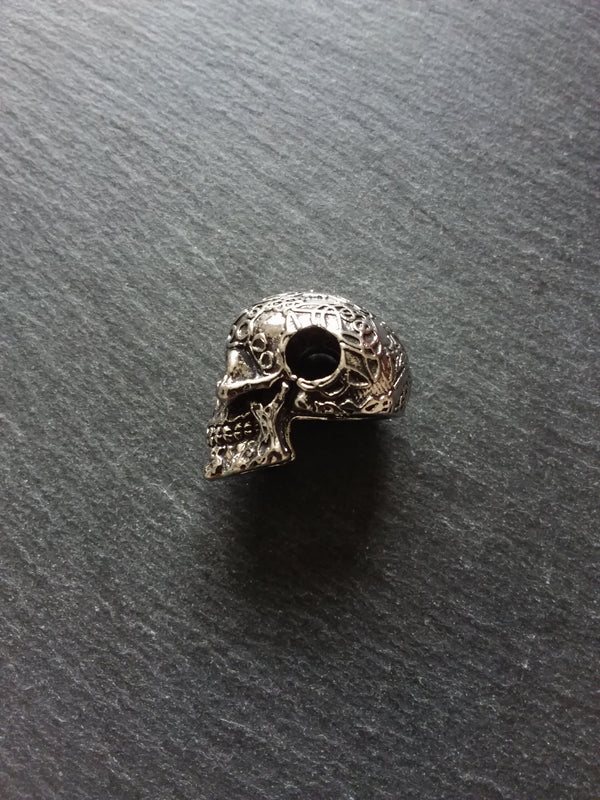 Patterned Skull Pendant Antique Silver Tone Metal Alloy 37x23mm Large 7.5mm Hole - ContentedCatz
