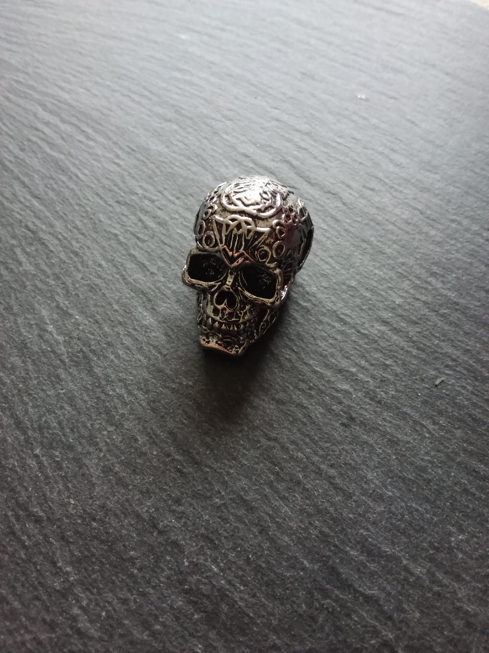 Patterned Skull Pendant Antique Silver Tone Metal Alloy 37x23mm Large 7.5mm Hole - ContentedCatz
