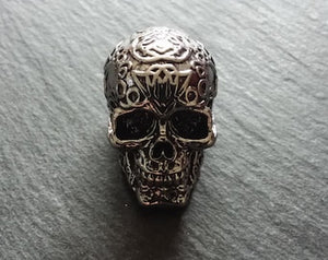 Patterned Skull Pendant Antique Silver Tone Metal Alloy 37x23mm Large 7.5mm Hole - ContentedCatz