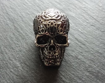 Patterned Skull Pendant Antique Silver Tone Metal Alloy 37x23mm Large 7.5mm Hole - ContentedCatz