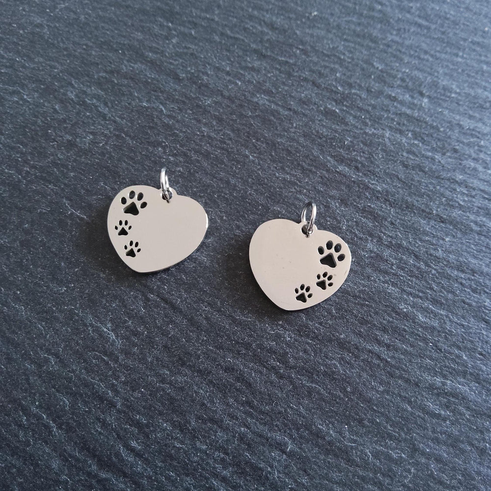 2 Stainless Steel Heart Charms With Cutout Paw Print Design 23x18x1.4mm - ContentedCatz