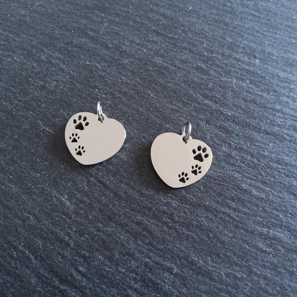 2 Stainless Steel Heart Charms With Cutout Paw Print Design 23x18x1.4mm - ContentedCatz