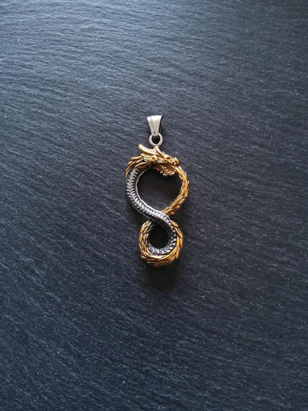Dragon Infinity Pendant Stainless Steel Silver & Gold 57x28x6mm - ContentedCatz