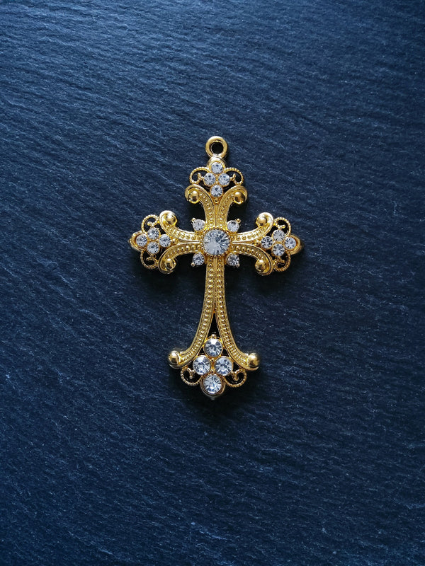 1 or 5 Large Ornate Gold Crucifix Pendants with Diamantes 75x50mm Nickel FREE - ContentedCatz