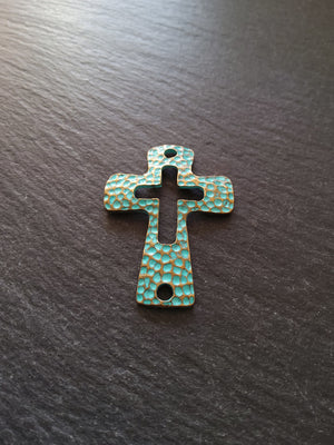 2 or 10 Cross Connector Charms Antique Bronze Tone with Green Patina 45x33mm - ContentedCatz