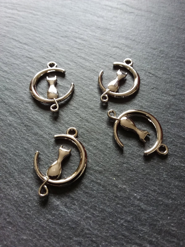 4 or 20 Silver Tone Cat & Crescent Moon Connector Charms 28x20mm - ContentedCatz