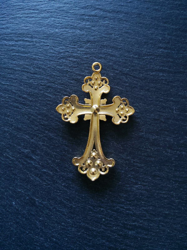 1 or 5 Large Ornate Gold Crucifix Pendants with Diamantes 75x50mm Nickel FREE - ContentedCatz