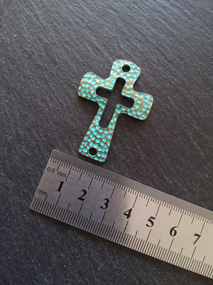 2 or 10 Cross Connector Charms Antique Bronze Tone with Green Patina 45x33mm - ContentedCatz