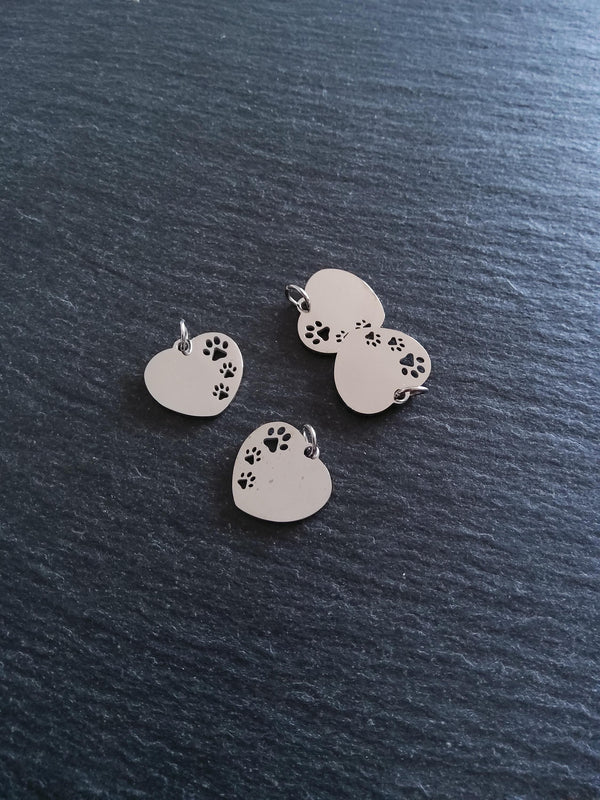 2 Stainless Steel Heart Charms With Cutout Paw Print Design 23x18x1.4mm - ContentedCatz