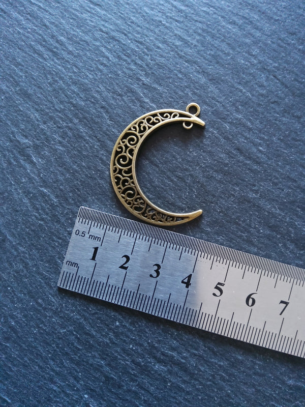 6 or 30 Antique Bronze Tone Crescent Moon Connector Pendants Pierced Design 37x31mm - ContentedCatz