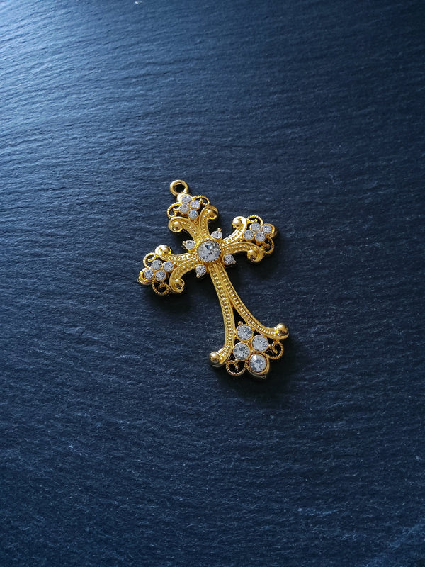 1 or 5 Large Ornate Gold Crucifix Pendants with Diamantes 75x50mm Nickel FREE - ContentedCatz