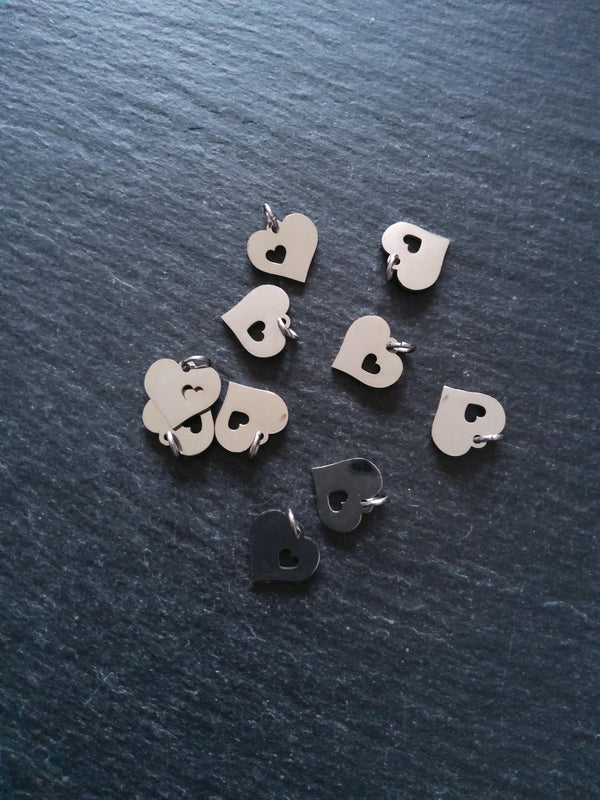 2 or 10 Stainless Steel Heart Charms With Cutout Heart 12x12x1.2mm - ContentedCatz