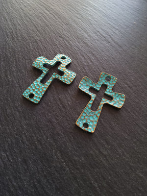 2 or 10 Cross Connector Charms Antique Bronze Tone with Green Patina 45x33mm - ContentedCatz