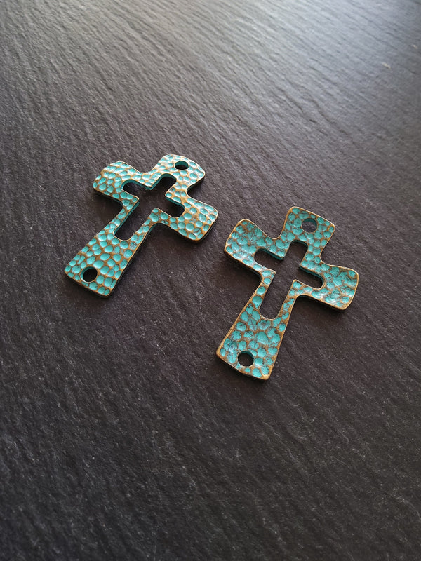 2 or 10 Cross Connector Charms Antique Bronze Tone with Green Patina 45x33mm - ContentedCatz