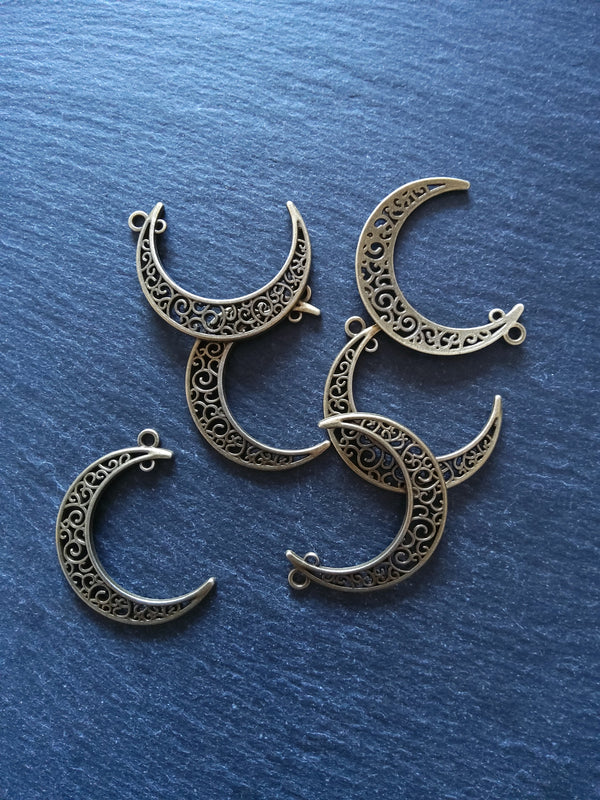 6 or 30 Antique Bronze Tone Crescent Moon Connector Pendants Pierced Design 37x31mm - ContentedCatz