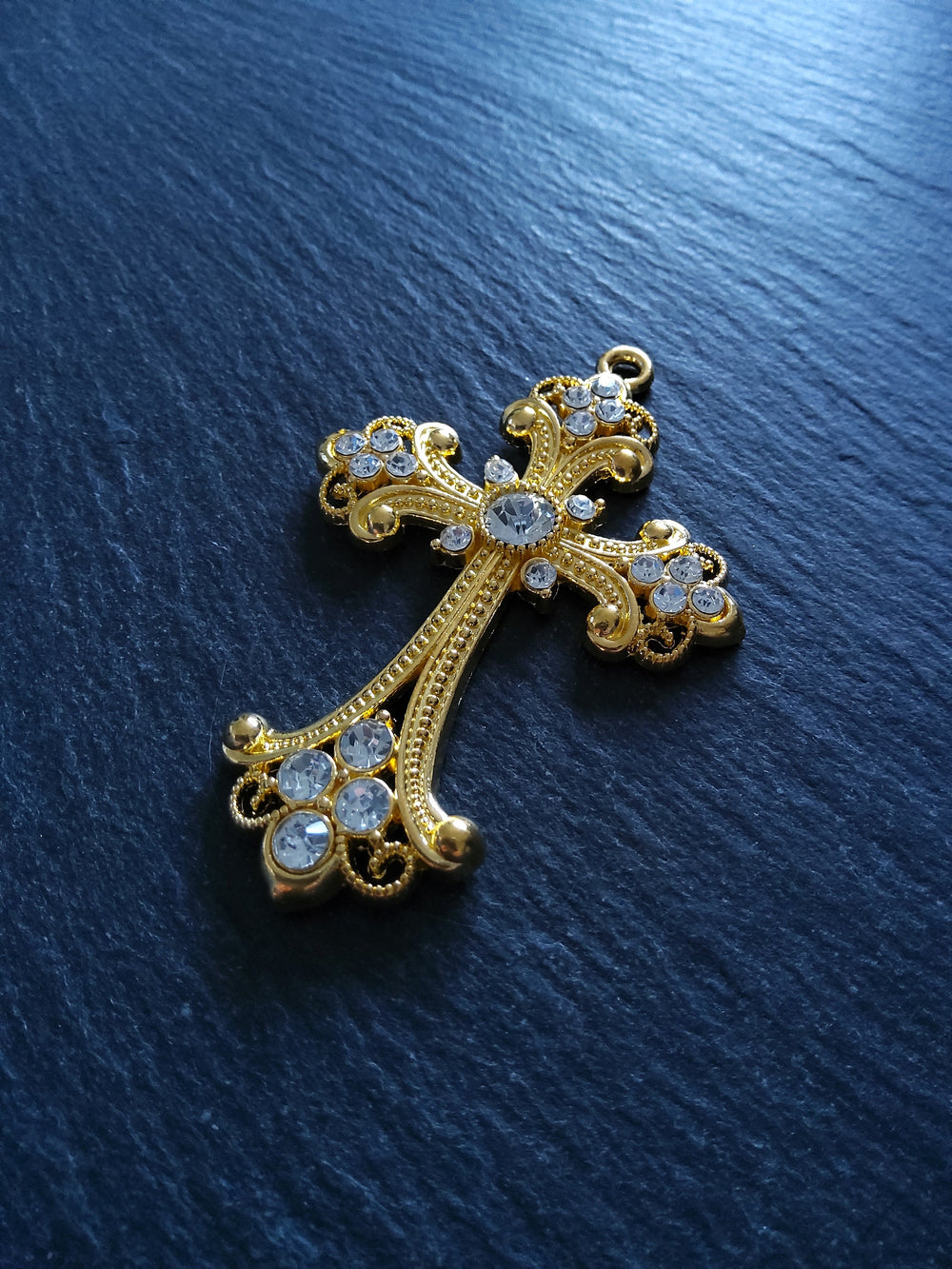 1 or 5 Large Ornate Gold Crucifix Pendants with Diamantes 75x50mm Nickel FREE - ContentedCatz