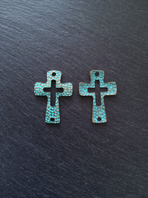 2 or 10 Cross Connector Charms Antique Bronze Tone with Green Patina 45x33mm - ContentedCatz