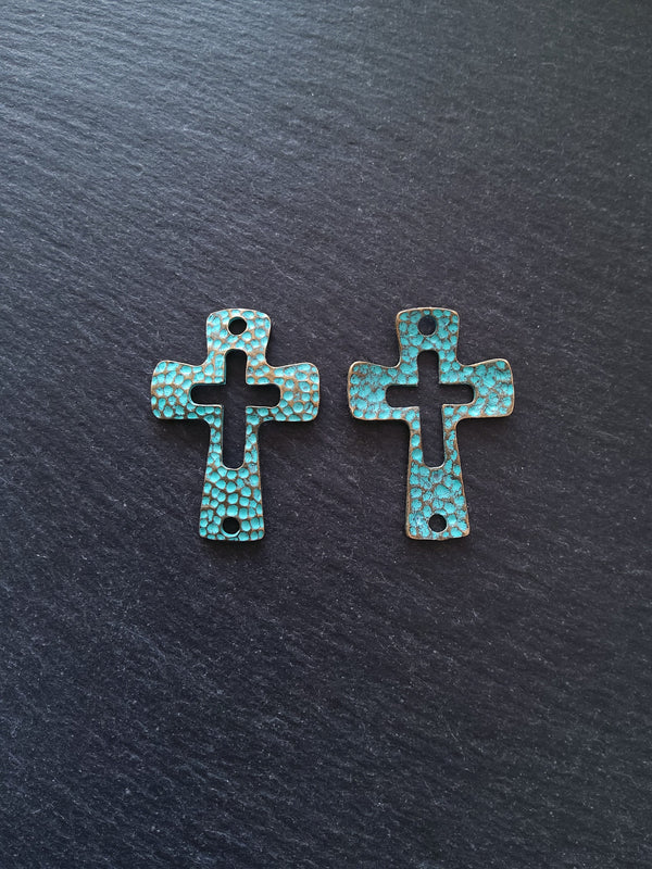 2 or 10 Cross Connector Charms Antique Bronze Tone with Green Patina 45x33mm - ContentedCatz