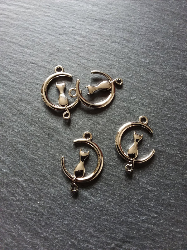 4 or 20 Silver Tone Cat & Crescent Moon Connector Charms 28x20mm - ContentedCatz