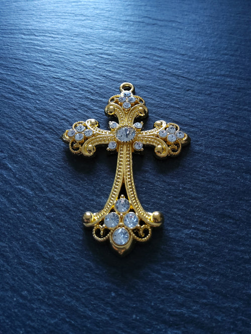 1 or 5 Large Ornate Gold Crucifix Pendants with Diamantes 75x50mm Nickel FREE - ContentedCatz