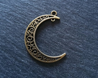 6 or 30 Antique Bronze Tone Crescent Moon Connector Pendants Pierced Design 37x31mm - ContentedCatz