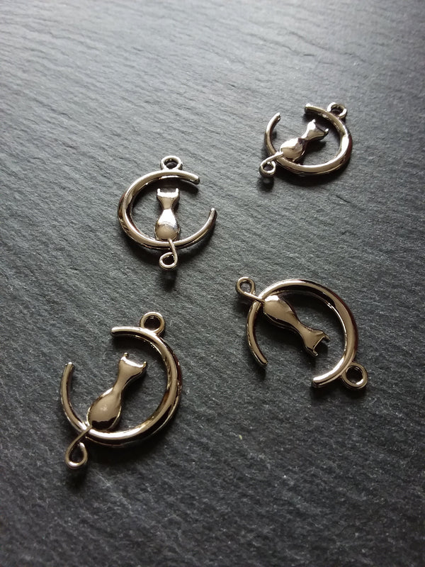 4 or 20 Silver Tone Cat & Crescent Moon Connector Charms 28x20mm - ContentedCatz