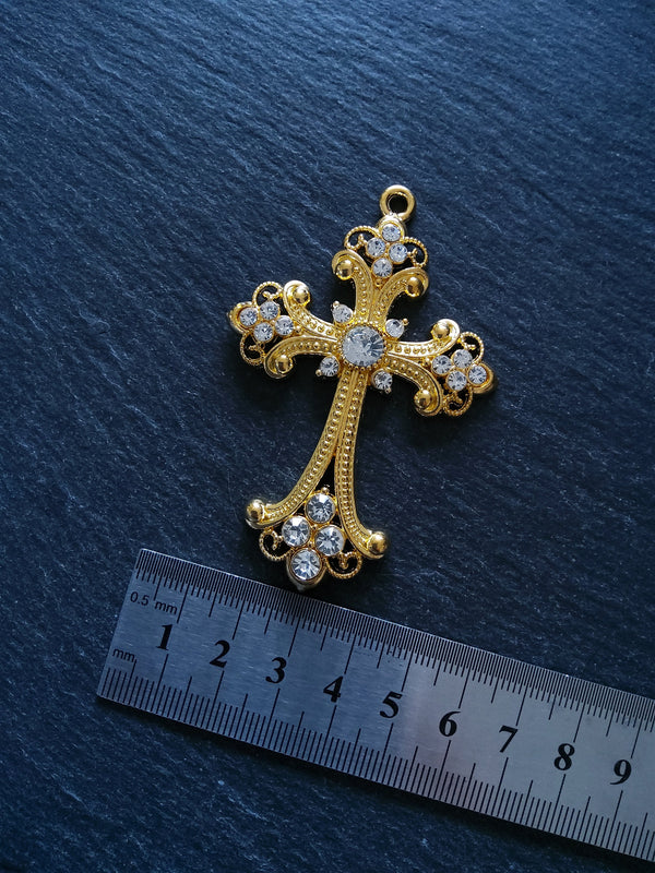 1 or 5 Large Ornate Gold Crucifix Pendants with Diamantes 75x50mm Nickel FREE - ContentedCatz