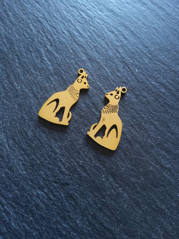 2 or 10 Genuine Gold Plated Stainless Steel Egyptian Cat Goddess Bastet Charms 30x15x1.5mm - ContentedCatz