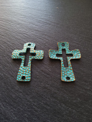 2 or 10 Cross Connector Charms Antique Bronze Tone with Green Patina 45x33mm - ContentedCatz