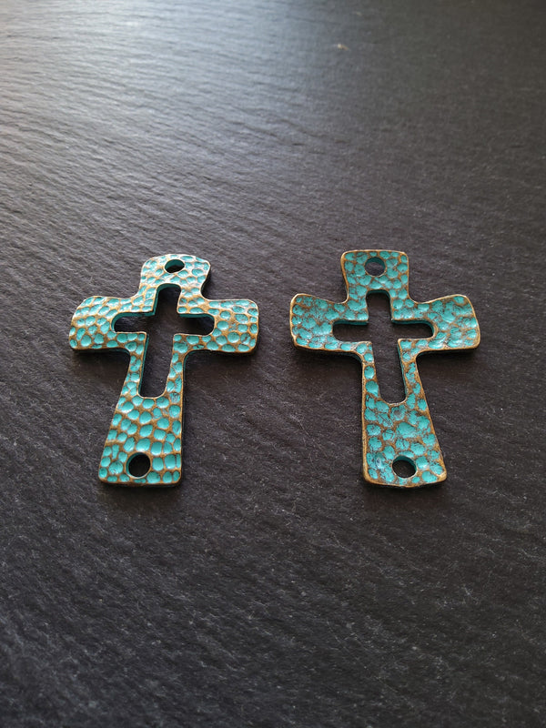 2 or 10 Cross Connector Charms Antique Bronze Tone with Green Patina 45x33mm - ContentedCatz