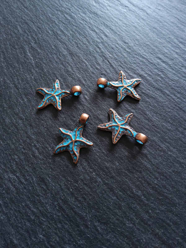 4 or 20 Antique Copper Starfish Charms with Blue Patina 22x17mm - ContentedCatz