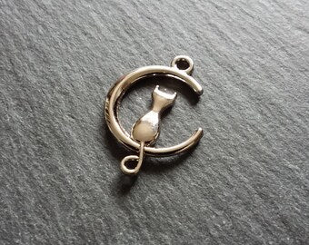 4 or 20 Silver Tone Cat & Crescent Moon Connector Charms 28x20mm - ContentedCatz