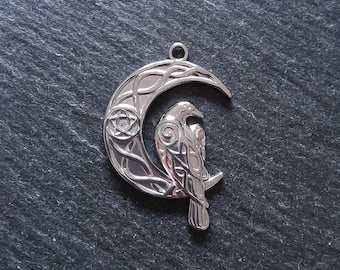 Crescent Moon & Raven Pendants Stainless Steel 36x24mm - ContentedCatz