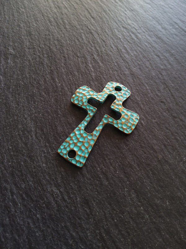 2 or 10 Cross Connector Charms Antique Bronze Tone with Green Patina 45x33mm - ContentedCatz