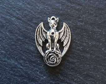 6 or 30 Winged Cat Gargoyle with Rose Charms Antique Silver Tone 27x19mm - ContentedCatz
