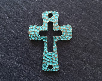 2 or 10 Cross Connector Charms Antique Bronze Tone with Green Patina 45x33mm - ContentedCatz